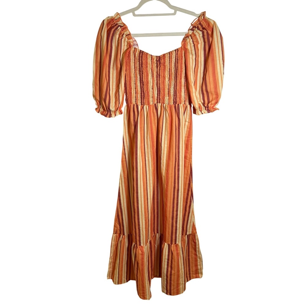 Charlie Holiday Striped Maxi Dress Smocked  Puff‎ Sleeve Orange Brown size 4